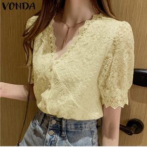 Vonda Butter Yellow Lace V neck Blouse with Pearl Buttons and Cap Sleeves -Large